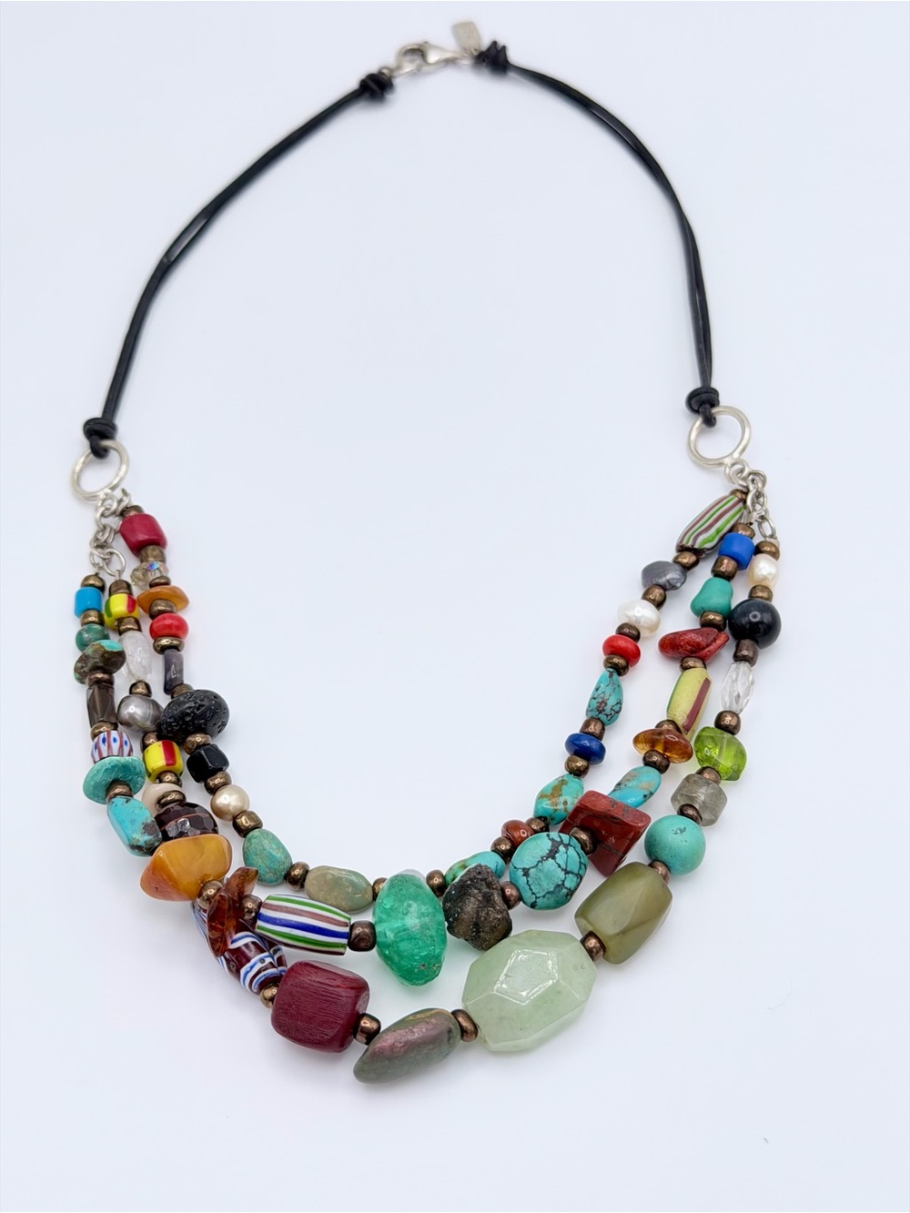 Vintage Peyote Bird Sterling 3-Strand Leather Multi-Stone Blown Glass Necklace - Picture 7 of 16
